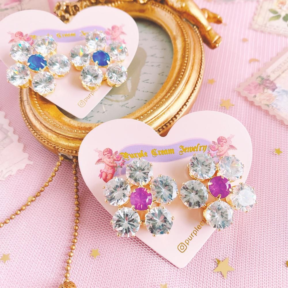 Purple Cream P866 ビジュー フラワー ピアス