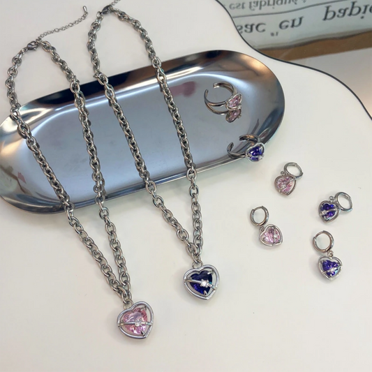 Purple Cream P961 Heart Frame Necklace, Earrings and Ring Set