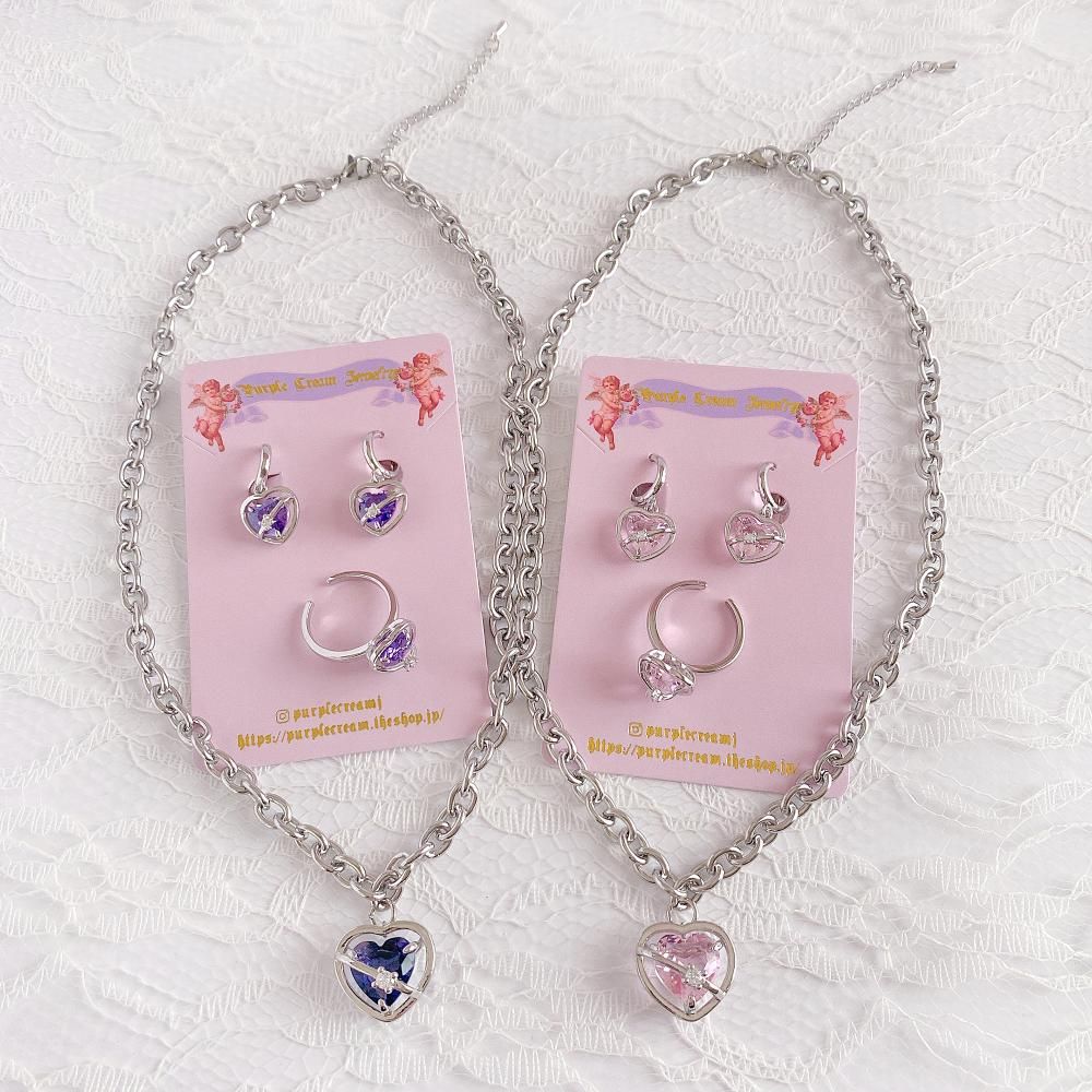 Purple Cream P961 ハートフレーム ネックレス ピアス リング セット