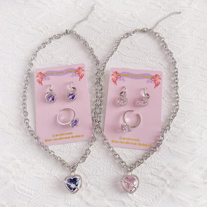 Purple Cream P961 ハートフレーム ネックレス ピアス リング セット