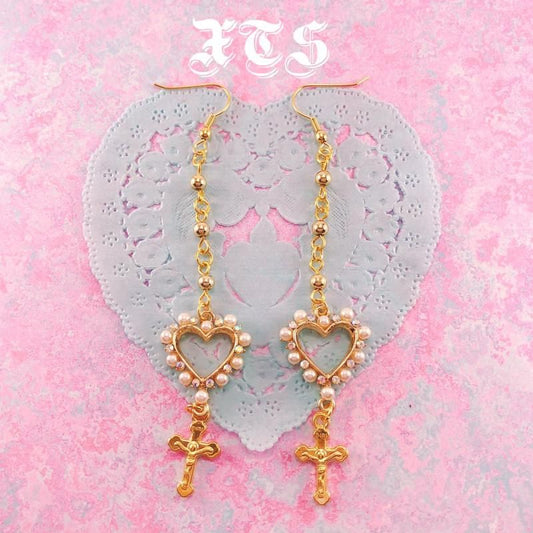 XTS Heart &amp; Cross Long Earrings, Gold