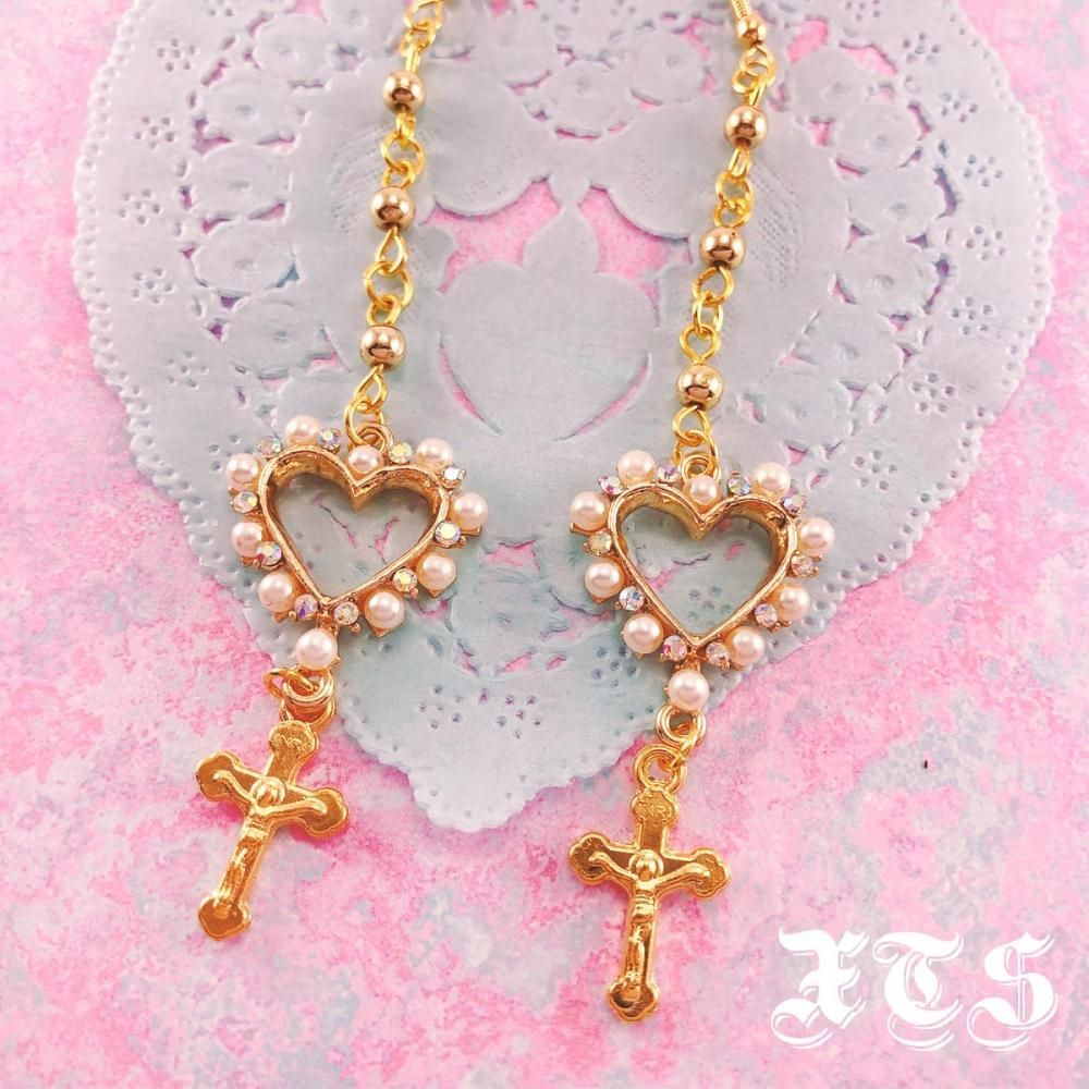 XTS ハート＆クロス ロングイヤリング ピアス GOLD