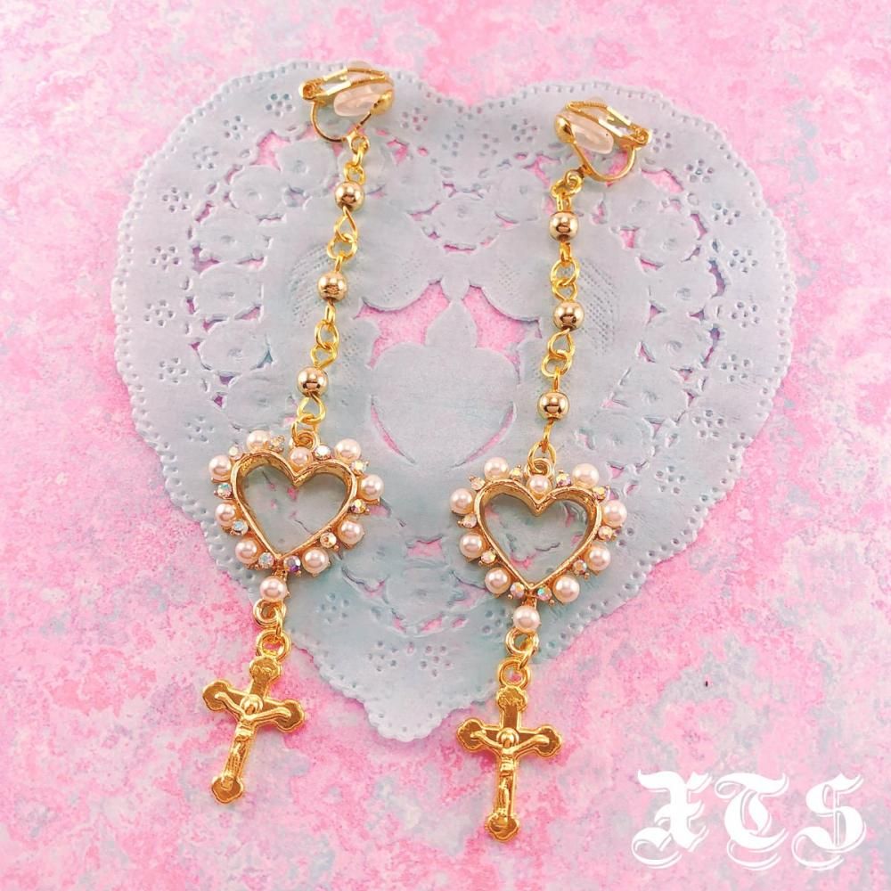 XTS ハート＆クロス ロングイヤリング ピアス GOLD