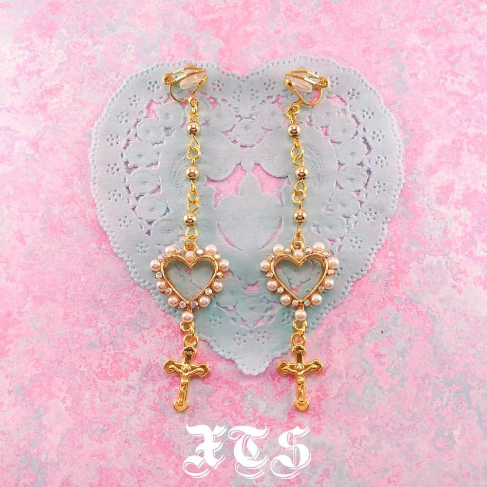 XTS ハート＆クロス ロングイヤリング ピアス GOLD