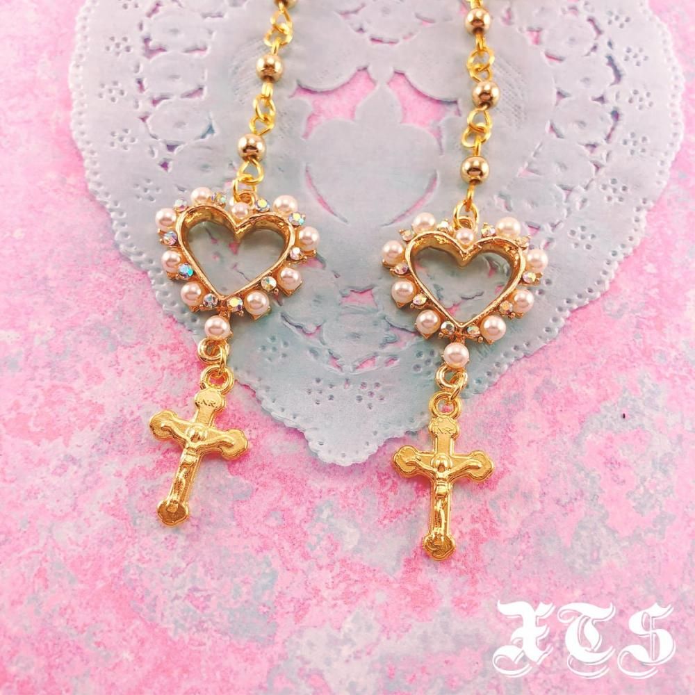 XTS ハート＆クロス ロングイヤリング ピアス GOLD