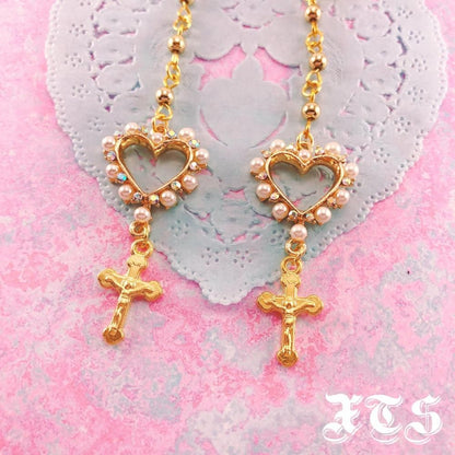 XTS ハート＆クロス ロングイヤリング ピアス GOLD