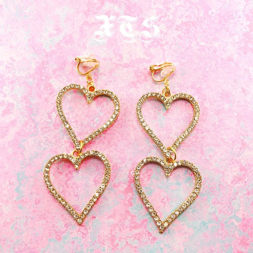 XTS ラインストーン ダブルハート イヤリング ピアス GOLD