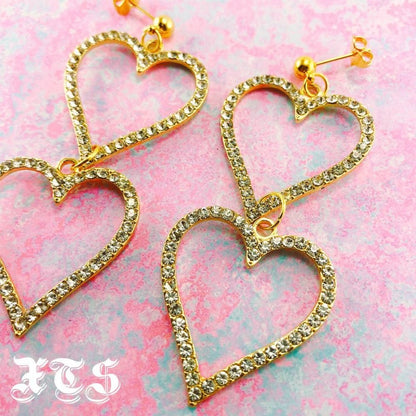XTS ラインストーン ダブルハート イヤリング ピアス GOLD