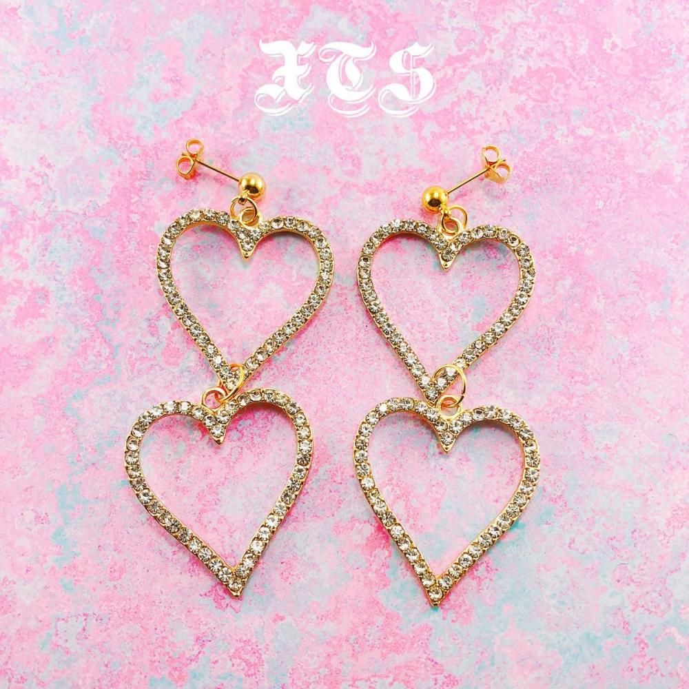 XTS ラインストーン ダブルハート イヤリング ピアス GOLD