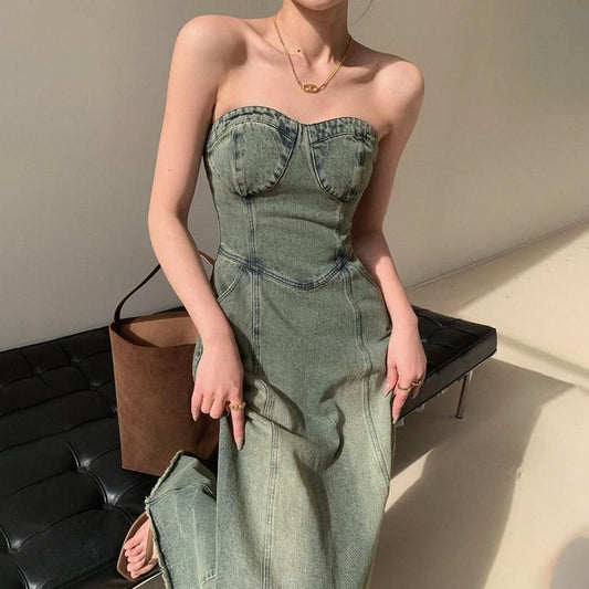 ベアトップデニム マキシ ワンピース BLUE