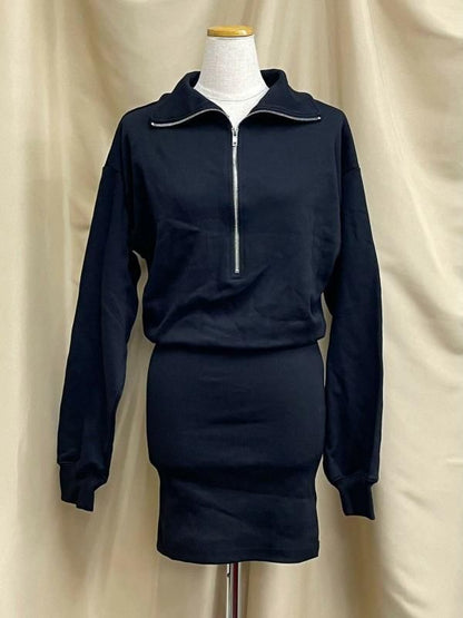 Fleece zip-up half-zip ribbed fitted dress in BLACK