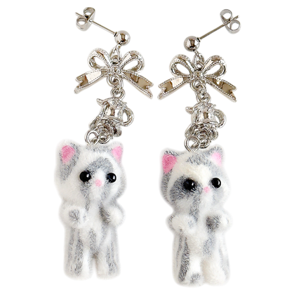 Flocky Cat Mascot Earrings, White Gray