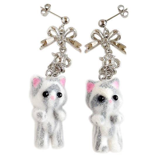Flocky Cat Mascot Earrings, White Gray