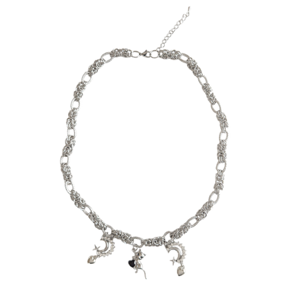 XTS Cat &amp; Moon Chain Necklace Silver