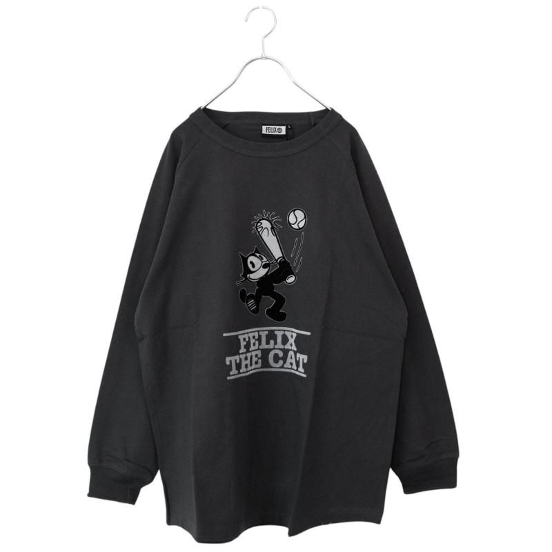 FELIX THE CAT Raglan Flocked Long T-Shirt in Charcoal