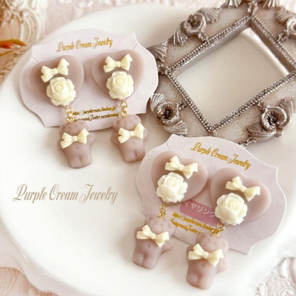 Purple Cream Retro Heart &amp; Bear Earrings P1721