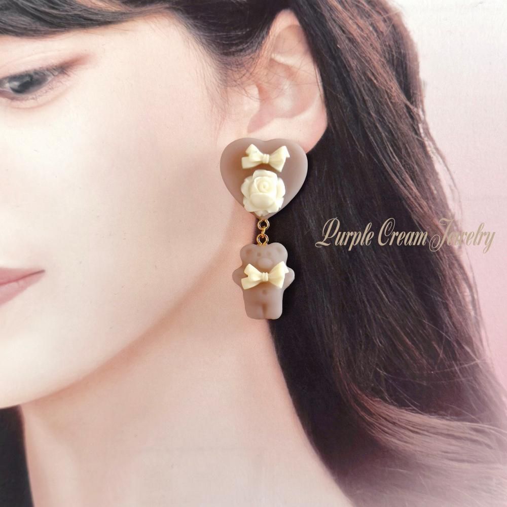 Purple Cream レトロハート&ベアピアス・イヤリング P1721