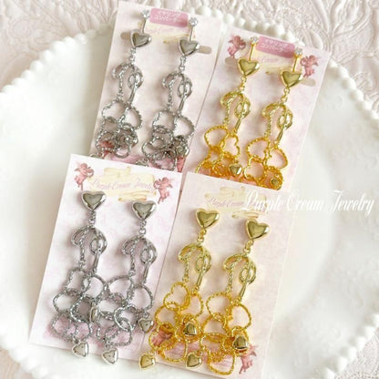 Purple Cream Heart Chain &amp; Ribbon Earrings P1726