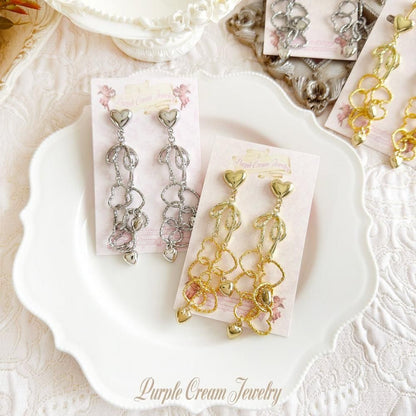 Purple Cream ハートチェーン&リボンピアス・イヤリング P1726
