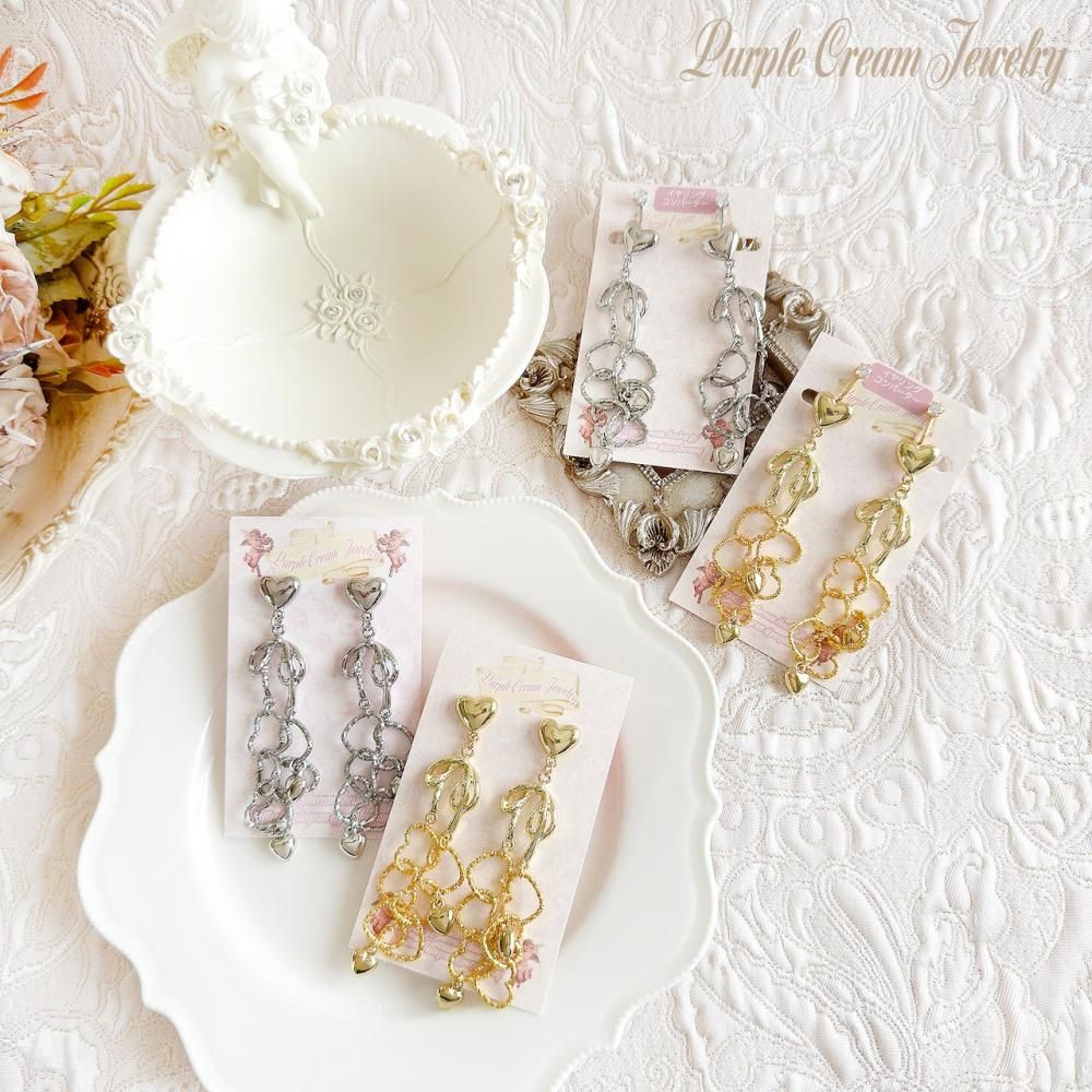 Purple Cream ハートチェーン&リボンピアス・イヤリング P1726