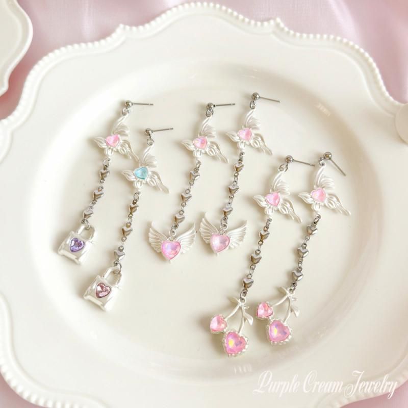 Purple Cream Shiny Butterfly Long Heart Chain Silver Earrings P1681