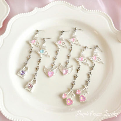 Purple Cream Shiny Butterfly Long Heart Chain Silver Earrings P1681