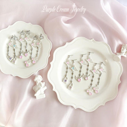 Purple Cream シャイニーバタフライロングハートチェーンシルバーピアス・イヤリング P1681