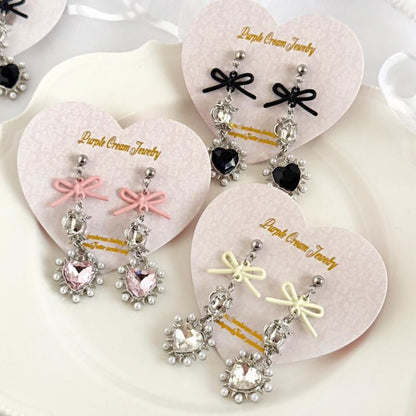Purple Cream Ribbon Rose &amp; Pearl Heart Silver Earrings P1653