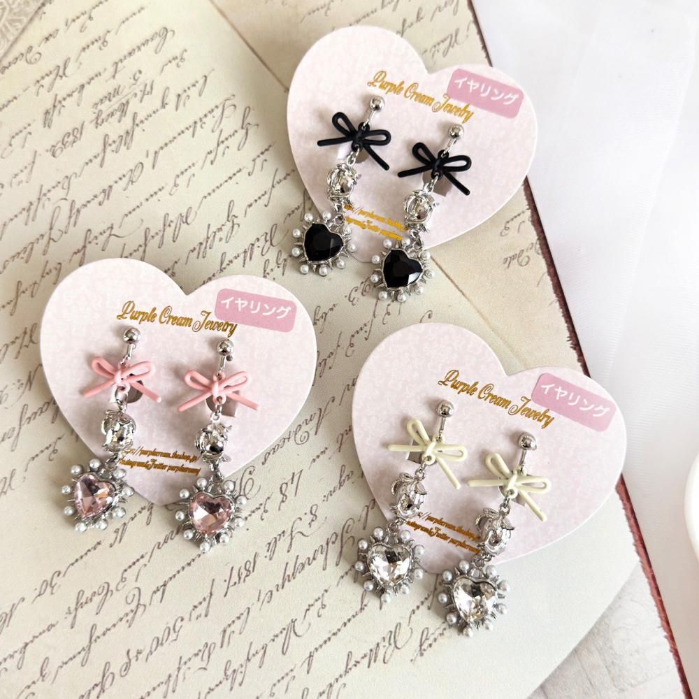 Purple Cream リボンローズ&パールハートシルバーピアス・イヤリング P1653