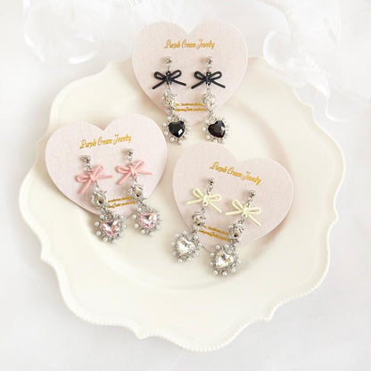 Purple Cream リボンローズ&パールハートシルバーピアス・イヤリング P1653