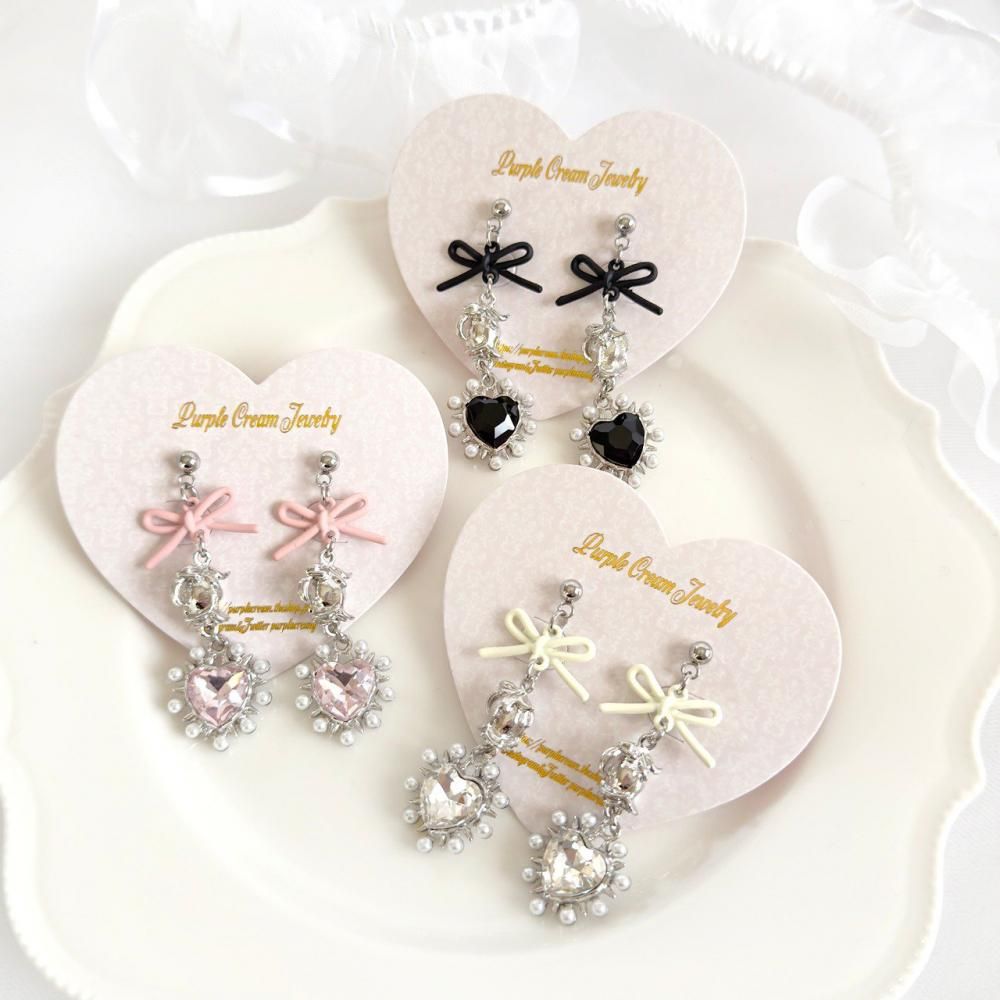 Purple Cream リボンローズ&パールハートシルバーピアス・イヤリング P1653