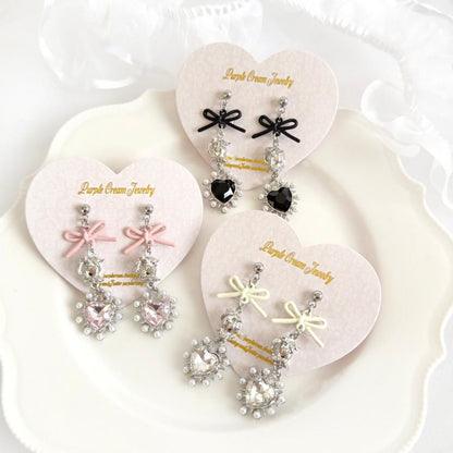 Purple Cream リボンローズ&パールハートシルバーピアス・イヤリング P1653