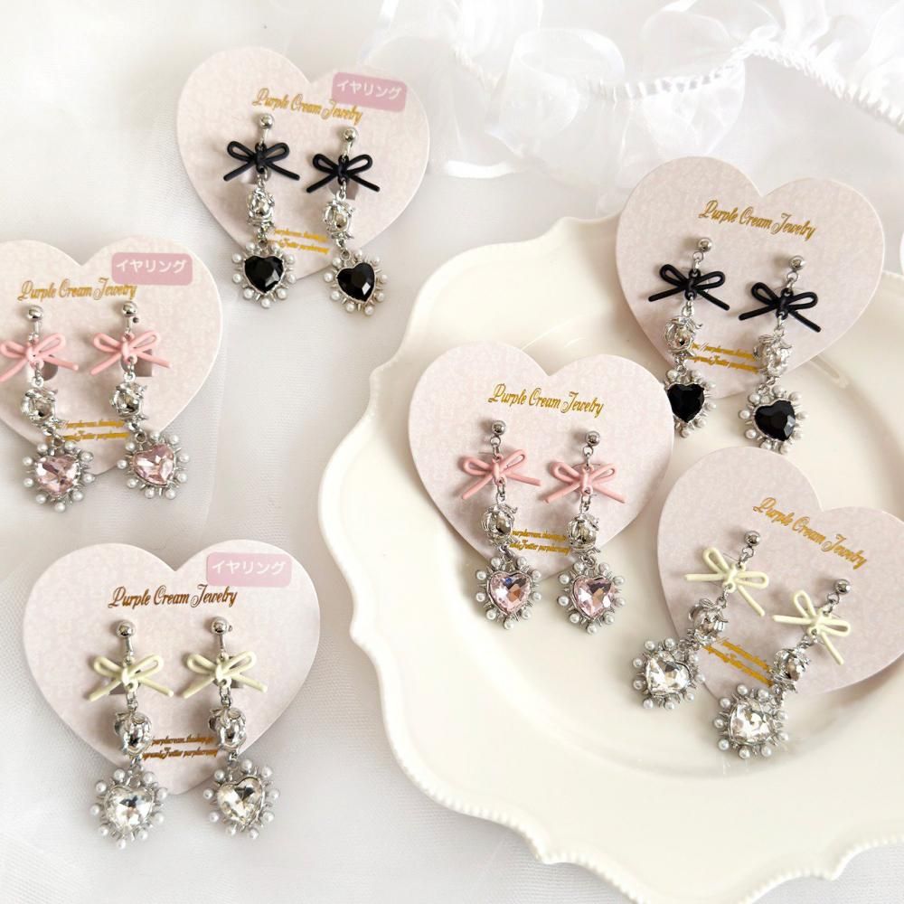 Purple Cream リボンローズ&パールハートシルバーピアス・イヤリング P1653