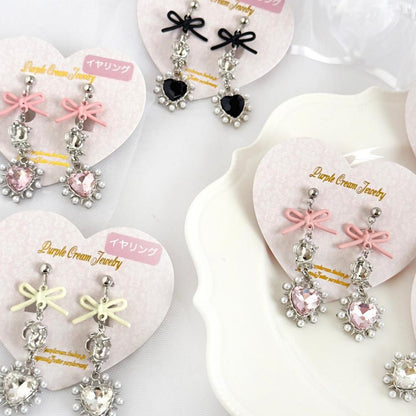 Purple Cream リボンローズ&パールハートシルバーピアス・イヤリング P1653