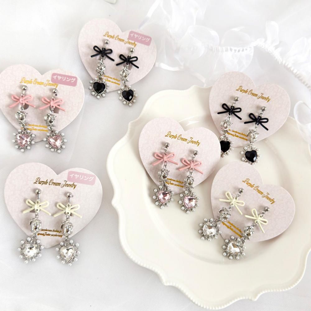 Purple Cream リボンローズ&パールハートシルバーピアス・イヤリング P1653