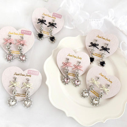 Purple Cream リボンローズ&パールハートシルバーピアス・イヤリング P1653