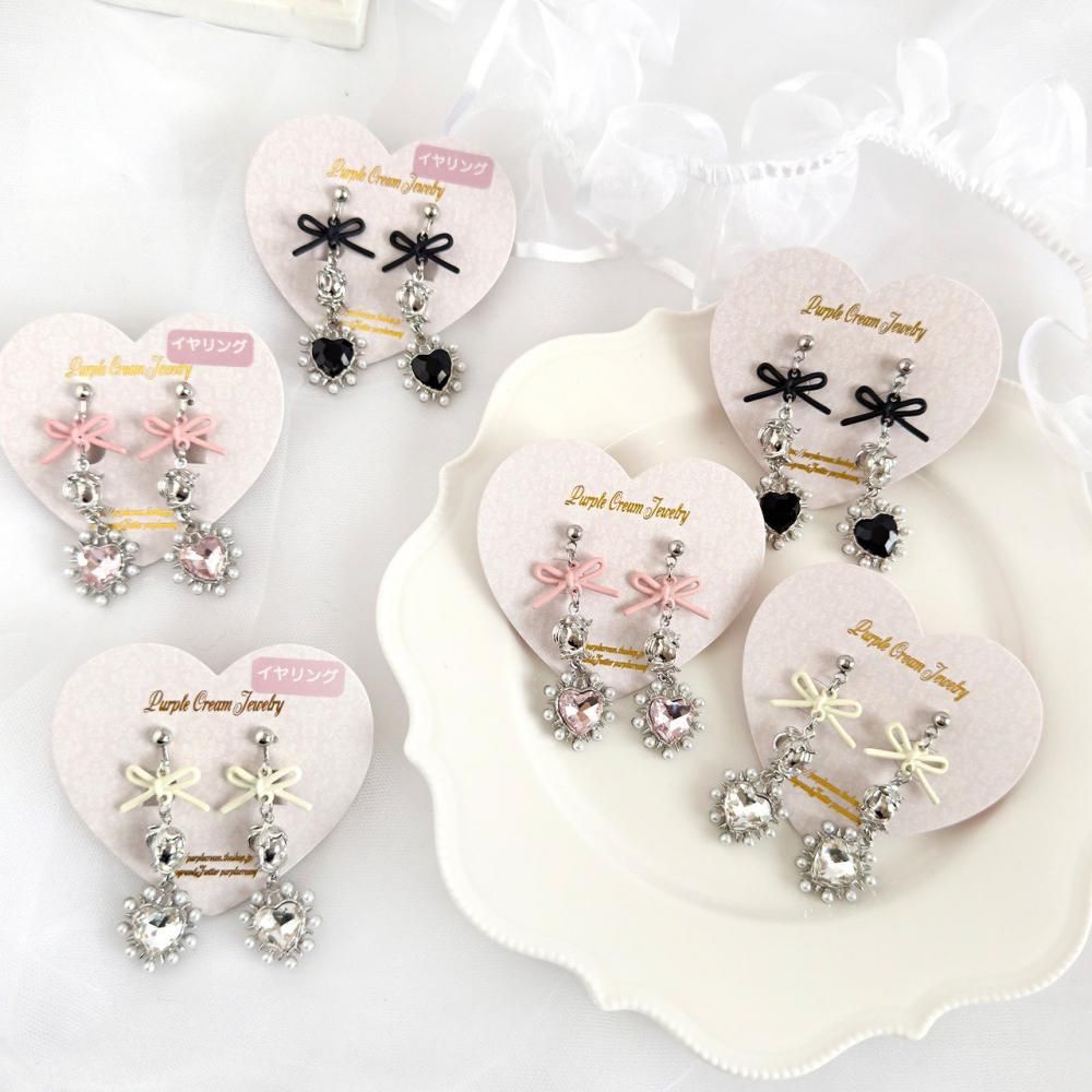 Purple Cream リボンローズ&パールハートシルバーピアス・イヤリング P1653