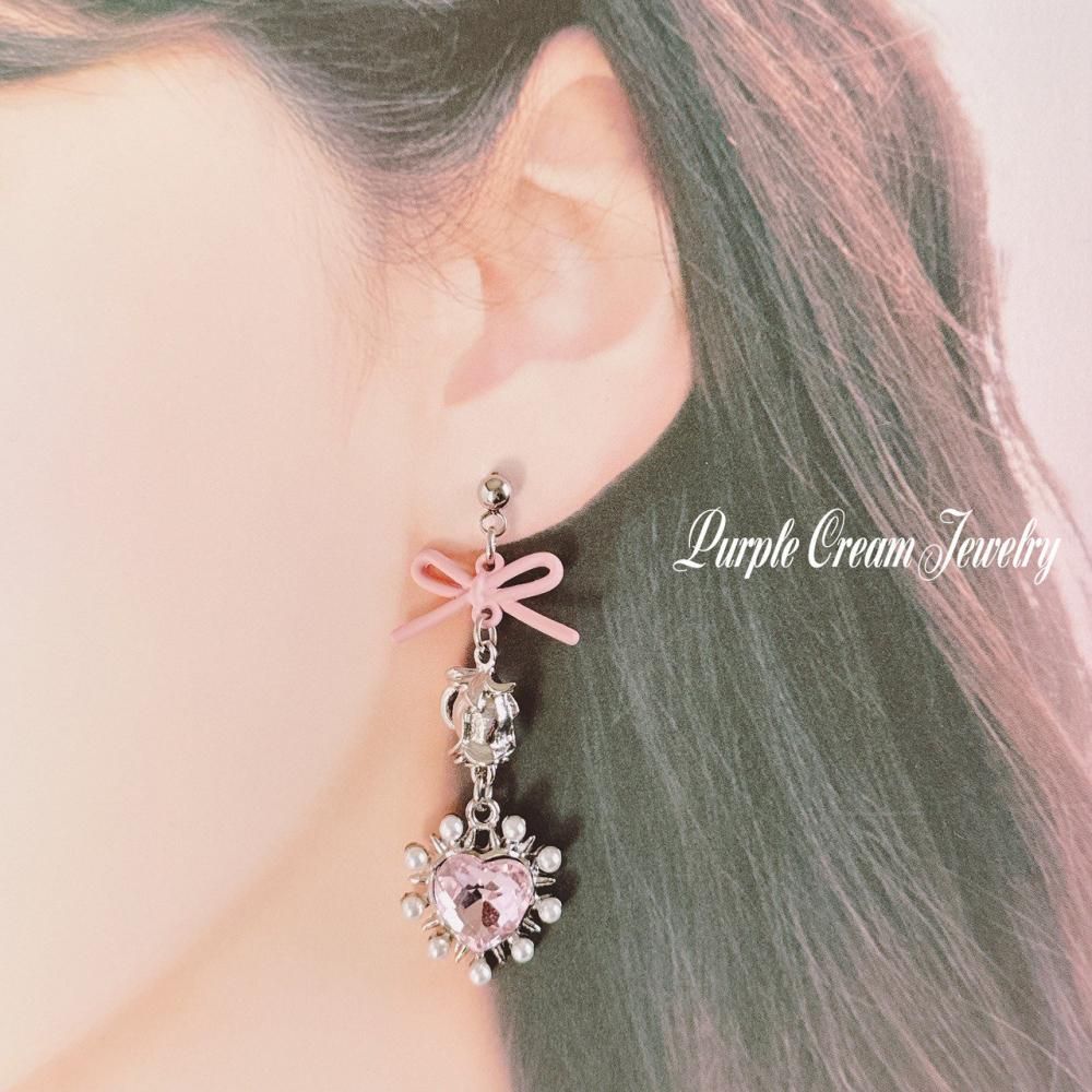 Purple Cream リボンローズ&パールハートシルバーピアス・イヤリング P1653