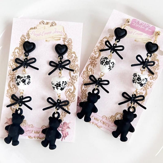 Purple Cream ブラックフラワーハートビーズ&ベアファンシーピアス・イヤリング P1594