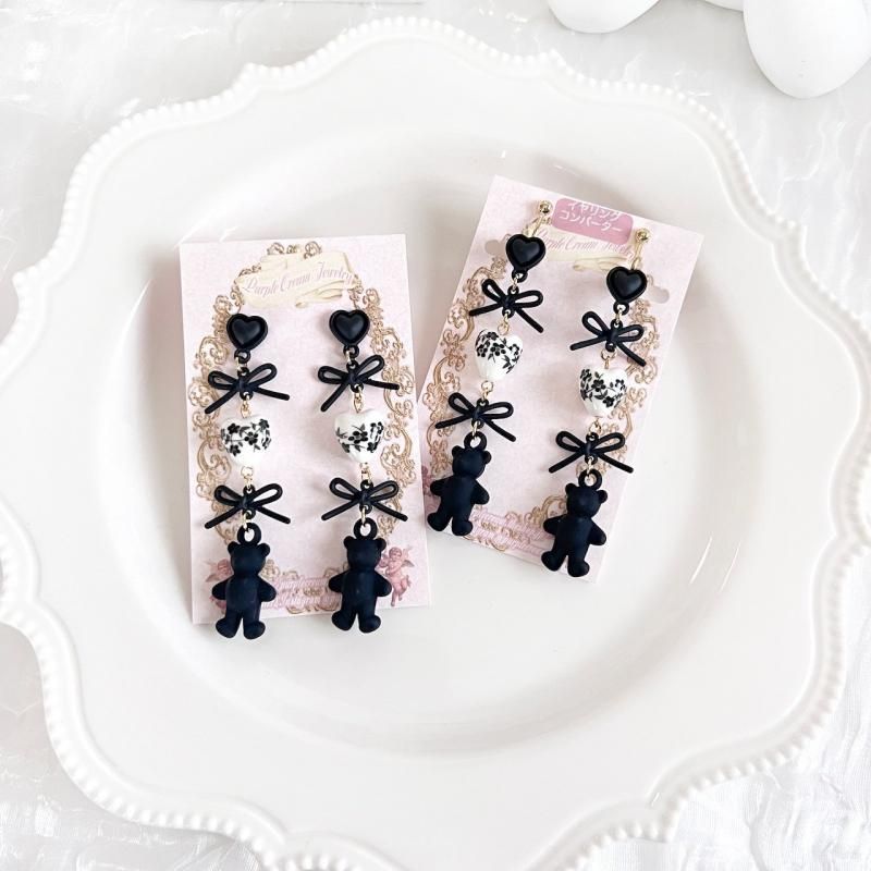 Purple Cream ブラックフラワーハートビーズ&ベアファンシーピアス・イヤリング P1594