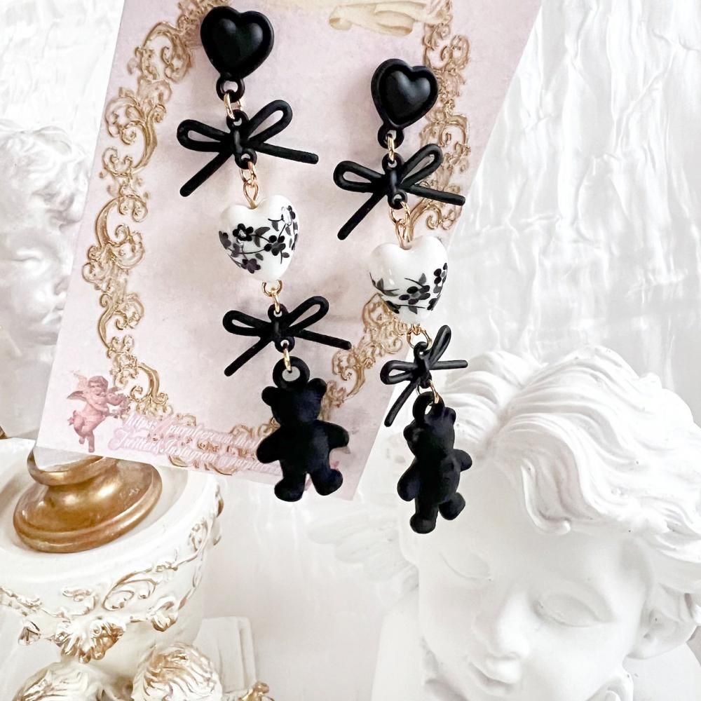 Purple Cream ブラックフラワーハートビーズ&ベアファンシーピアス・イヤリング P1594