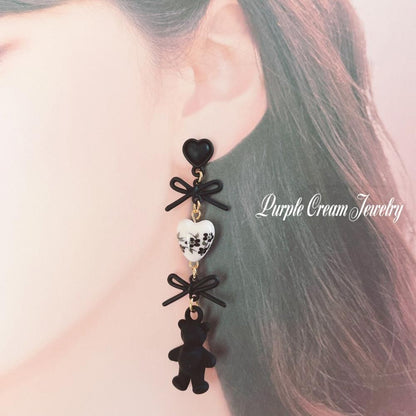 Purple Cream ブラックフラワーハートビーズ&ベアファンシーピアス・イヤリング P1594