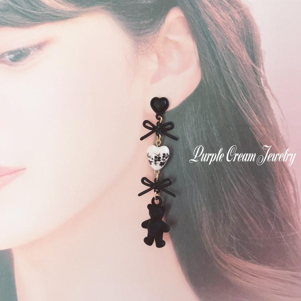 Purple Cream ブラックフラワーハートビーズ&ベアファンシーピアス・イヤリング P1594