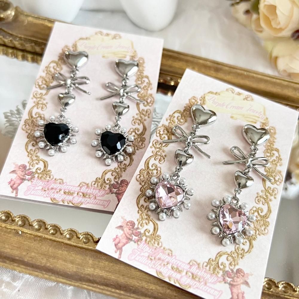 Purple Cream ガーリーハートパールピアス P1493