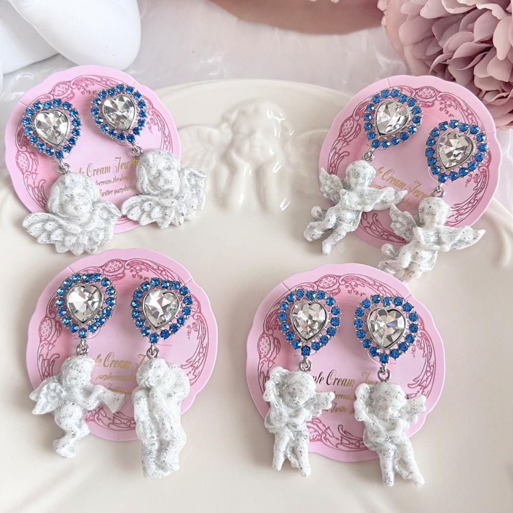 Purple Cream ハートビジュー&グリッターエンジェルピアス P1470