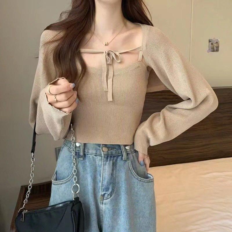 Light knit bolero and camisole set in beige