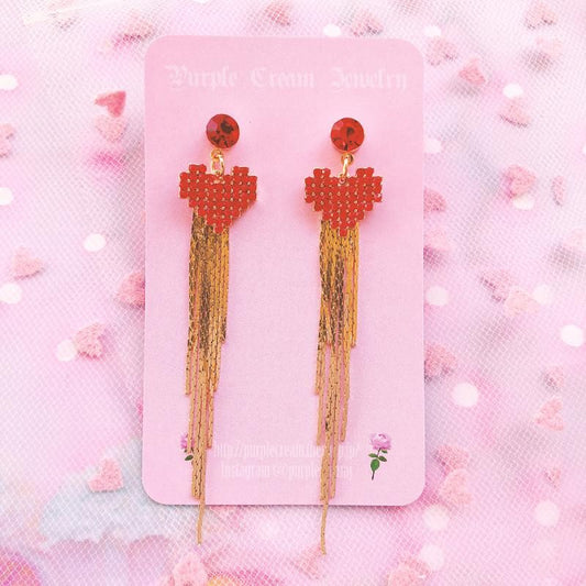 Rhinestone Heart Tassel Earrings