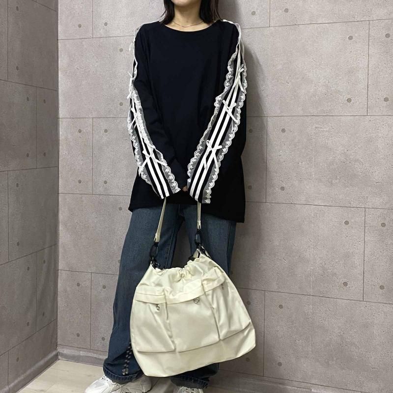 サイドダブルライン レース付き バレエコア ロンT BLACK