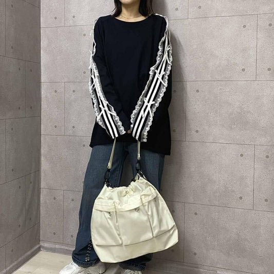 サイドダブルライン レース付き バレエコア ロンT BLACK