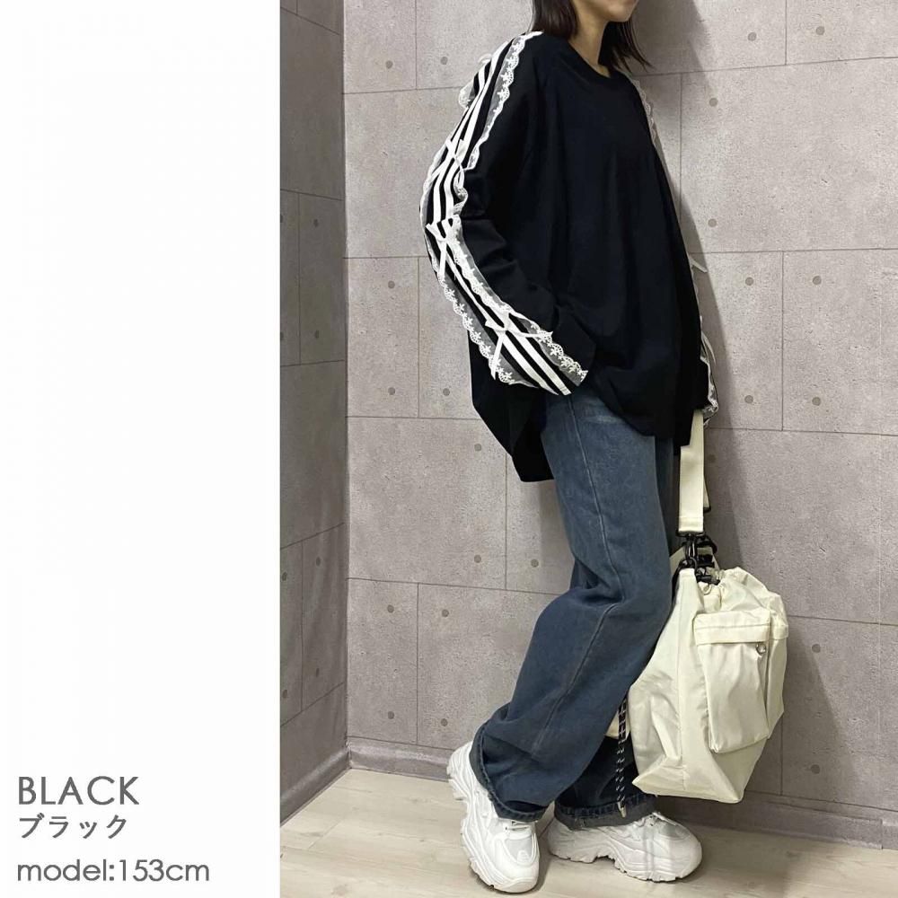 サイドダブルライン レース付き バレエコア ロンT BLACK